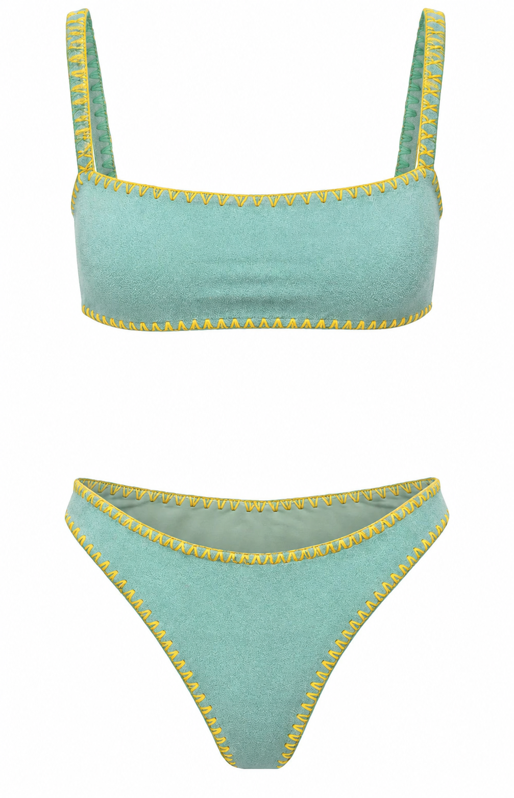 Meghan Hand-Embroidered Towel Bikini in Green with Yellow