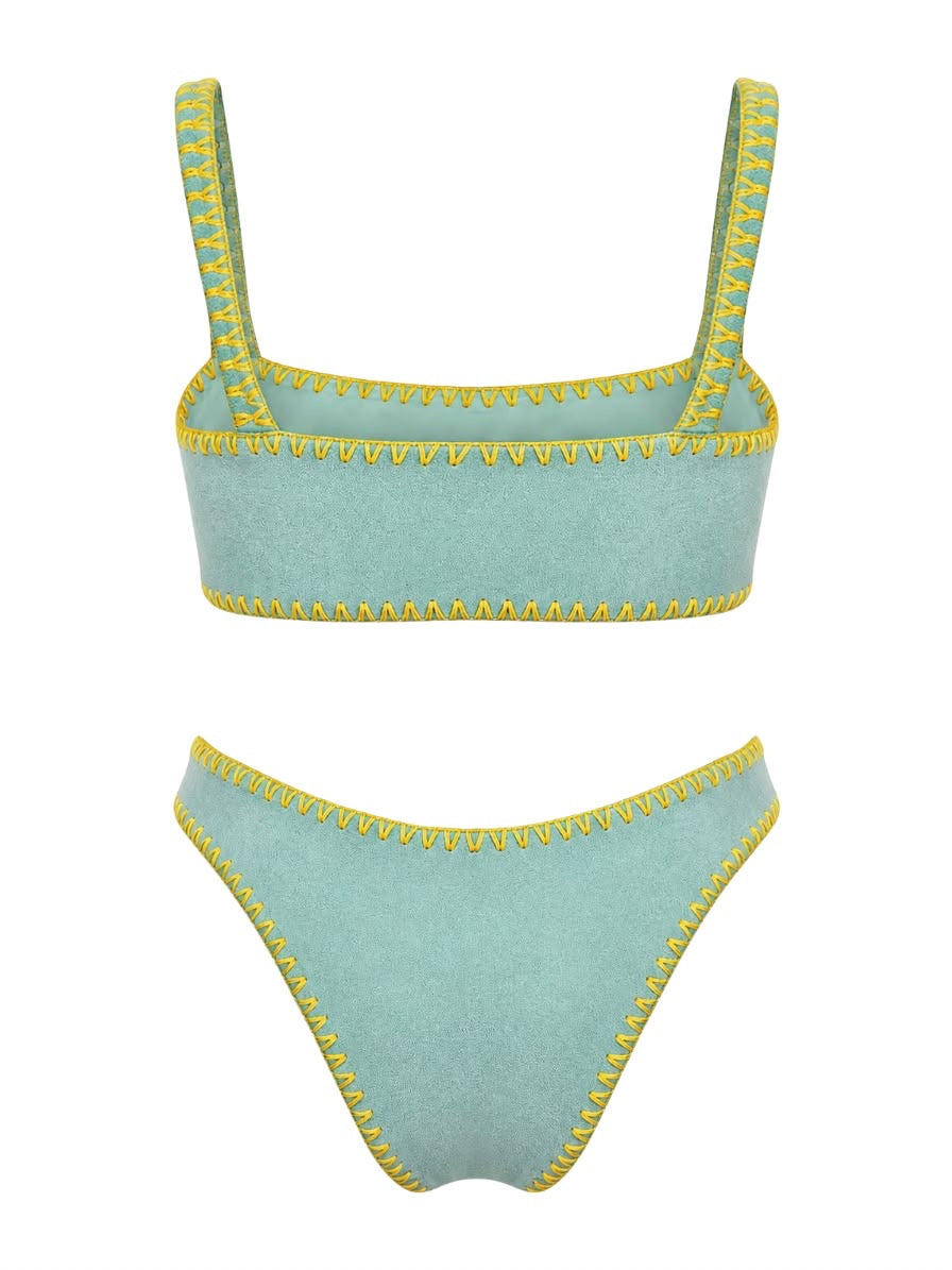 Meghan Hand-Embroidered Towel Bikini in Green with Yellow