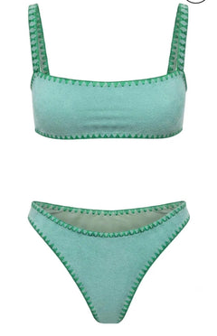 Meghan Hand-Embroidered Towel Bikini in Green