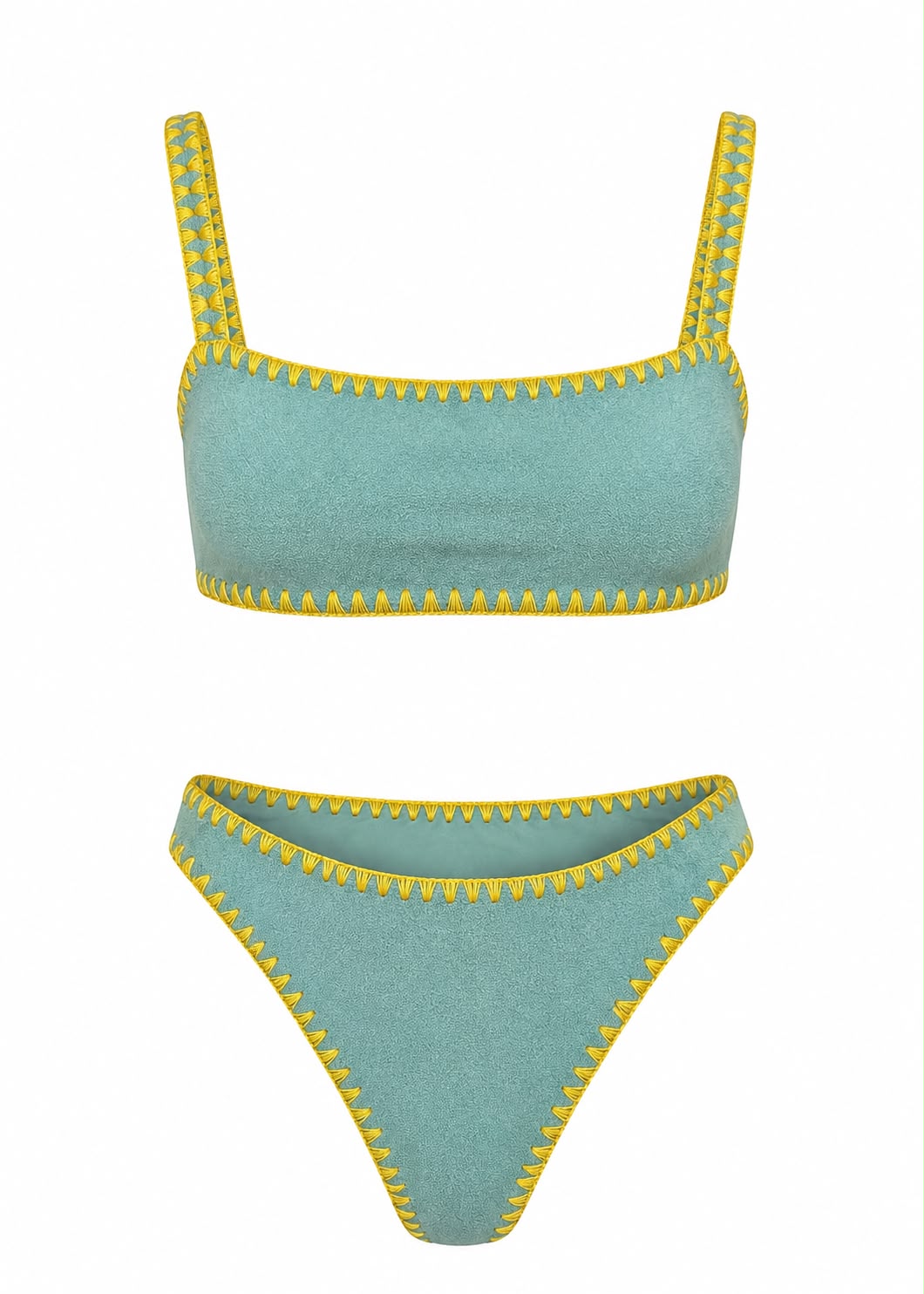Meghan Hand-Embroidered Towel Bikini in Green with Yellow